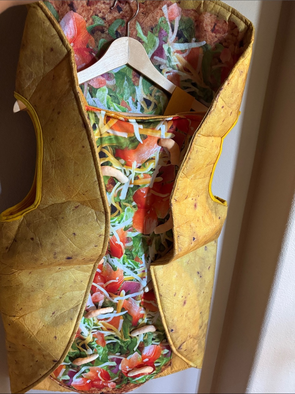 Yellow Taco Shell costume with Colorful Salad Lining
